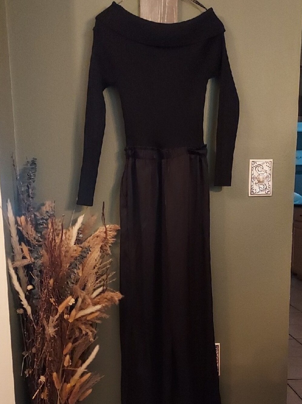 Skies Are Blue NWT Mixed Media Off the Shoulder Jumpsuit-  Knit Top & Satin Blk